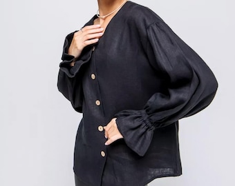 Black Linen Button-Up Shirt | Oversized Linen Shirt Dress | Classic Linen Shirt | Plus Size Linen Shirt | Long Sleeve Loose Top