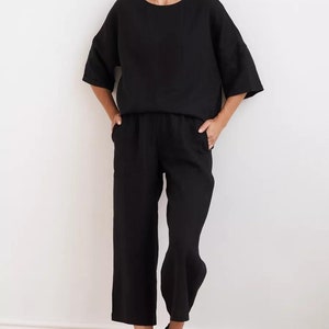 Linen Pajama Sets / Bridesmaid Pajamas / Linen Sleepwear / Linen Homewear / Bride pajamas / Tie up front top / Linen loose top | Linen pants