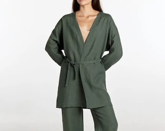 Linen Suit Set | Linen Robe + Linen Palazzo + Linen Belt| Linen Pants| Linen pajamas set | Linen Kimono | Japanese Sleepwear | Linen Costume