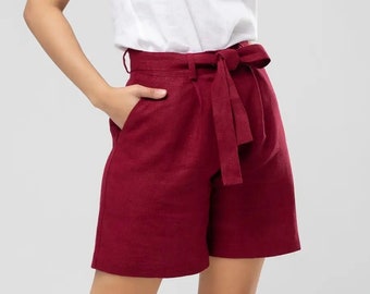 Pantaloncini di lino, pantaloncini di lino a vita alta, pantaloncini estivi di lino casual, pantaloncini da spiaggia da donna, pantaloncini da salotto di lino, mini pantaloncini di lino con cintura