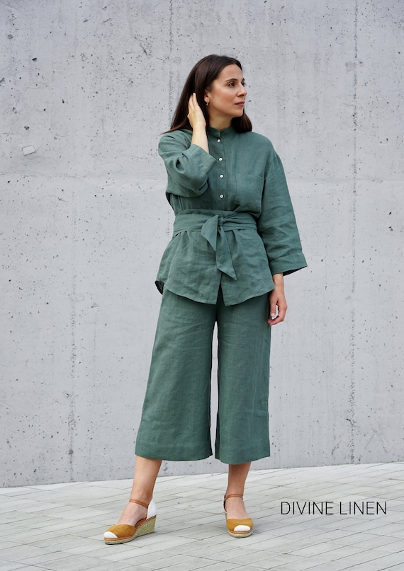Linen Two Piece Set | Linen Shirt + Linen Culottes + Linen Belt | Pajama Set | Plus Size Linen | Bridal Pajamas | Boho Pajamas