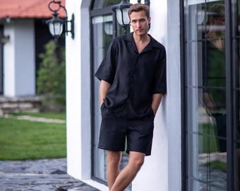 Mens Linen Shorts Set | Linen Shirt & Shorts | Resort set open-weave seersucker shirt + matching draw-cord trouser | Linen Two Piece Set