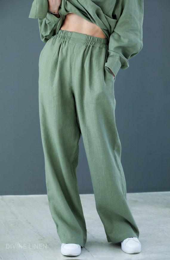 Pantaloni Lino Donna Estivi A Vita Alta – Gamba Larga, Tasche, Bottoni Frontali, Tessuto Leggero E Traspirante, Ideali Per Ufficio E Spiaggia