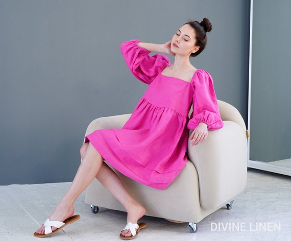 Babydoll Linen Dress | Puff Sleeve Short Dress | Square Neck Flowy Style | Casual Occasion Look | Plus Size Linen | Oversized Linen Dress