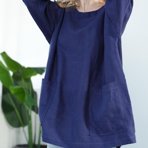 Oversized Linen Tunic Top | Linen Tunic With Pockets | Plus Size Linen Blouse | Tunic Dress for
