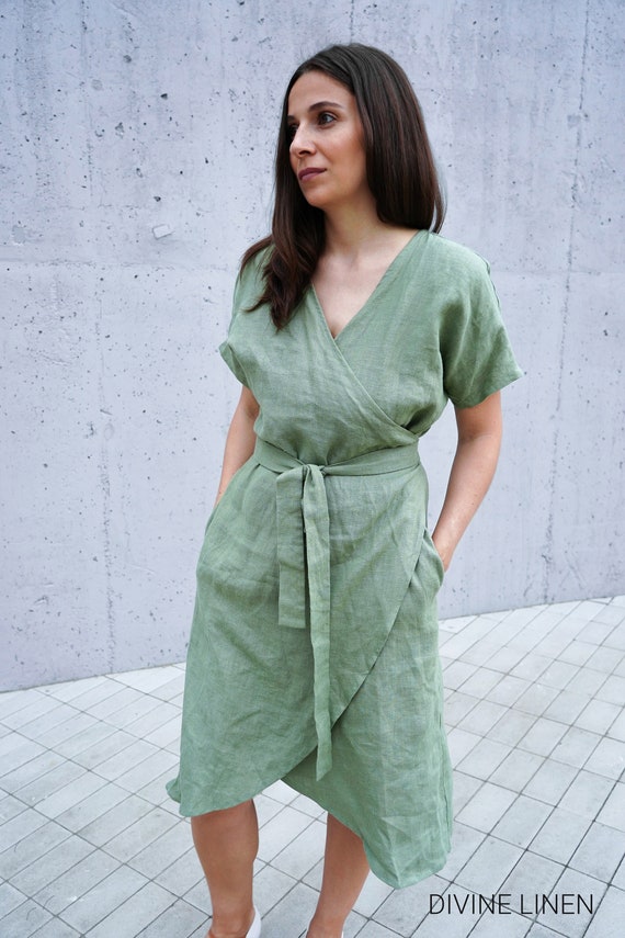 Linen Wrap Dress | V-neck Short Sleeve Dress With Belt | Relaxed Fit Summer Style | Flowy Midi Look | Plus Size Linen - Etsy Linen Wrap Dress | V-neck Short Sleeve Dress With Belt | Relaxed Fit Summer Style | Flowy Midi Look | Plus Size Linen - Etsy