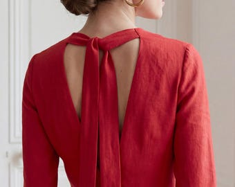 Linen Dress | Open Back Gathered Gown | Backless Maxi Dress with Bow | Long Sleeve Linen Dress Women | Wedding Guest Dress
