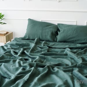 Dennengroen linnen laken | Lakens | Linnen beddengoed | Linnen lakens, queensize bed, lits-jumeaux | Beddengoed op aangepast formaat | Biologisch beddengoed