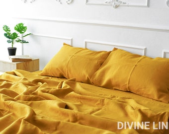 Yellow Linen Flat Sheet | Mustard Flat Sheets | Bed Sheets | Organic Bedding | Linen Sheets Queen King Twin Custom | Boho Sheets