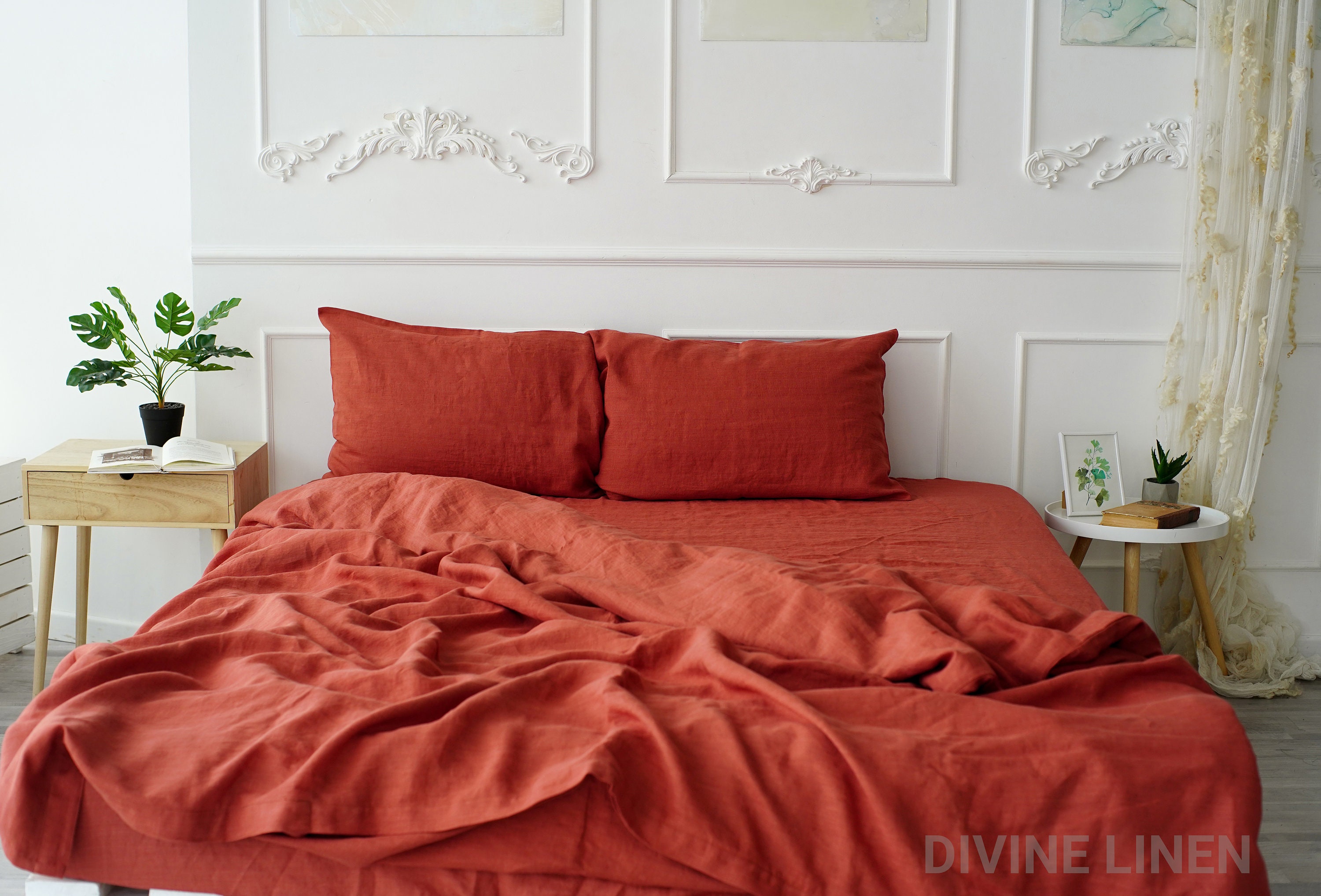 teenagers bedding Terracotta orange flat bed sheet brick color twin  full size pure linen sheet soft flax prewashed sheet