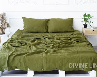 Olive Green Linen Duvet Cover Set | Duvet Cover + 2 Pillowcases | Duvet Cover Queen King Twin Double | Zipper Closure | Boho Bedding