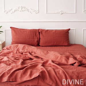 Terracotta Orange Linen Sheet Set | Linen Flat Sheet + Linen Fitted Sheet + 2 Pillowcases | Linen Sheets | Bed Sheet | Linen Bedding