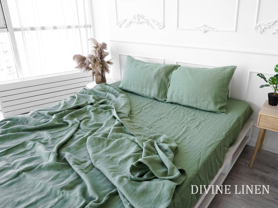 Sage Green Sheet Set Linen Flat Sheet Linen Fitted Sheet Etsy