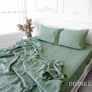 Sage Green Sheet Set | Linen Flat Sheet + Linen Fitted Sheet + 2 Pillowcase | Linen Sheets | Bed Sheet | Linen Bedding Set | Natural Bedding