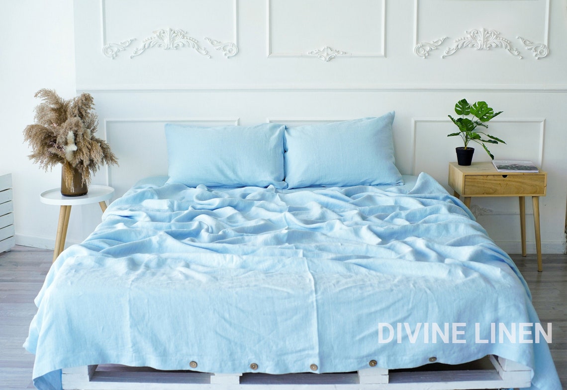 Light Blue Linen Duvet Cover Sky Blue Duvet Cover King Queen Etsy