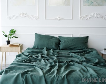 Pine Green Linen Duvet Cover Set | 1 Duvet Cover + 2 Pillowcase | Duvet Cover Queen King Twin | Zipper | Linen Bedding Set | Boho Bedding