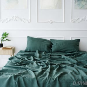 Housse de couette en lin vert chasseur | Housse de couette très grand lit double | Literie biologique | Housse de couette verte | Grande literie bohème | Linge de lit