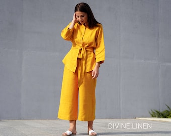 Conjunto de dos piezas de lino / Camisa de lino + Pantalones palazzo de lino + Cinturón de lino / Corte relajado / Conjunto de pijama / Lino de tallas grandes / Pijama de novia