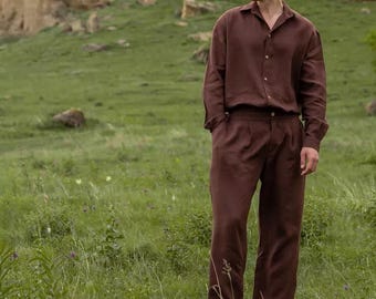 Mens Linen Set | Mens Linen Pants & Linen Shirt | Mens Summer Pants | Jogger Pants | Mens High Waisted Pants | Linen Two Piece Set