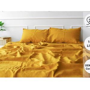 Yellow Linen Flat Sheet | Mustard Flat Sheets | Bed Sheets | Organic Bedding | Linen Sheets Queen King Twin Custom | Boho Sheets