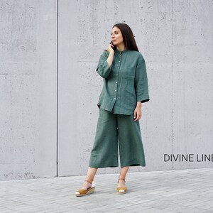 Linen Two Piece Set | Linen Shirt + Linen Culottes + Linen Belt | Pajama Set | Plus Size Linen | Bridal Pajamas | Boho Pajamas image 6