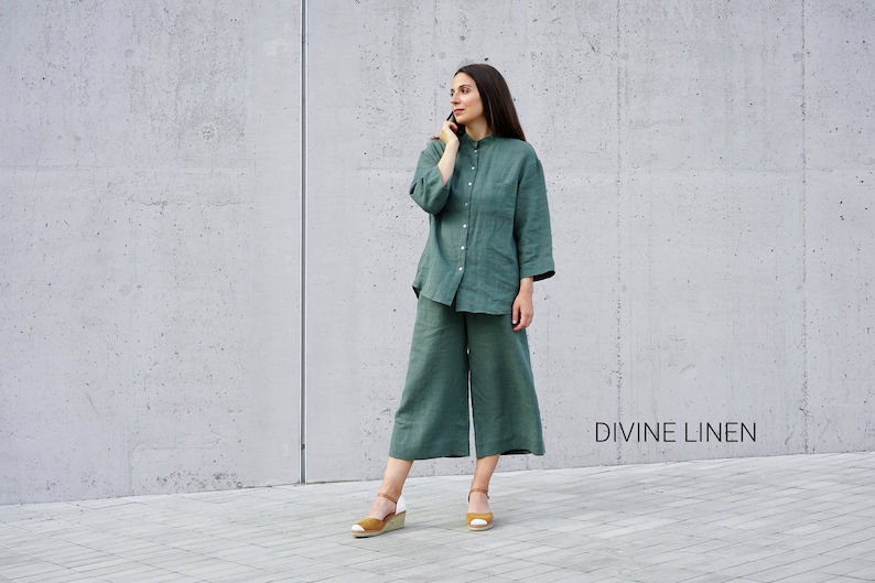 Linen Two Piece Set | Linen Shirt + Linen Culottes + Linen Belt | Pajama Set | Plus Size Linen | Bridal Pajamas | Boho Pajamas image 6