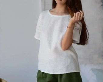 Camiseta de lino / Top cuadrado de lino / Top holgado informal / Blusa de lino / Camiseta sin mangas / Top corto de lino / Top bohemio de lino / Blusa de verano