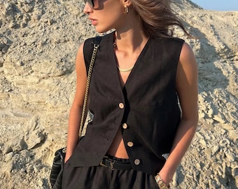 Chaleco de lino de verano / Top de lino para mujer / Chaleco de lino vintage / Top informal holgado / Chaleco de moda / Blusa de lino / Camiseta sin mangas / Chaleco
