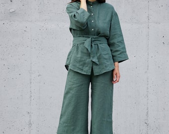 100% Linen Suit Set | Linen Shirt + Linen Culottes + Linen Belt | Linen Palazzo Pants | Matching Pajamas | Linen Pajama Set | Linen Costumes