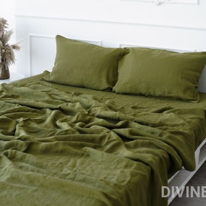 Olive Green Linen Sheet Set | 1 Linen Flat Sheet + 1 Linen Fitted Sheet + 2 Pillowcase | Linen Sheets Queen Twin King |Japandi Bedding