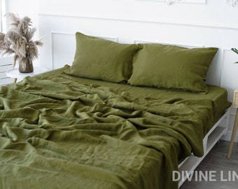 Olive Green Linen Sheet Set | 1 Khaki Linen Flat Sheet + 1 Linen Fitted Sheet + 2 Pillowcase | Linen Sheets Queen Twin King |Japandi Bedding