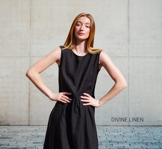 Black Linen Midi Dress | Loose Sleeveless Summer Dress | Modest Flowy Fit | Plus Size Linen | Oversized Linen Dress Black Linen Midi Dress | Loose Sleeveless Summer Dress | Modest Flowy Fit | Plus Size Linen | Oversized Linen Dress