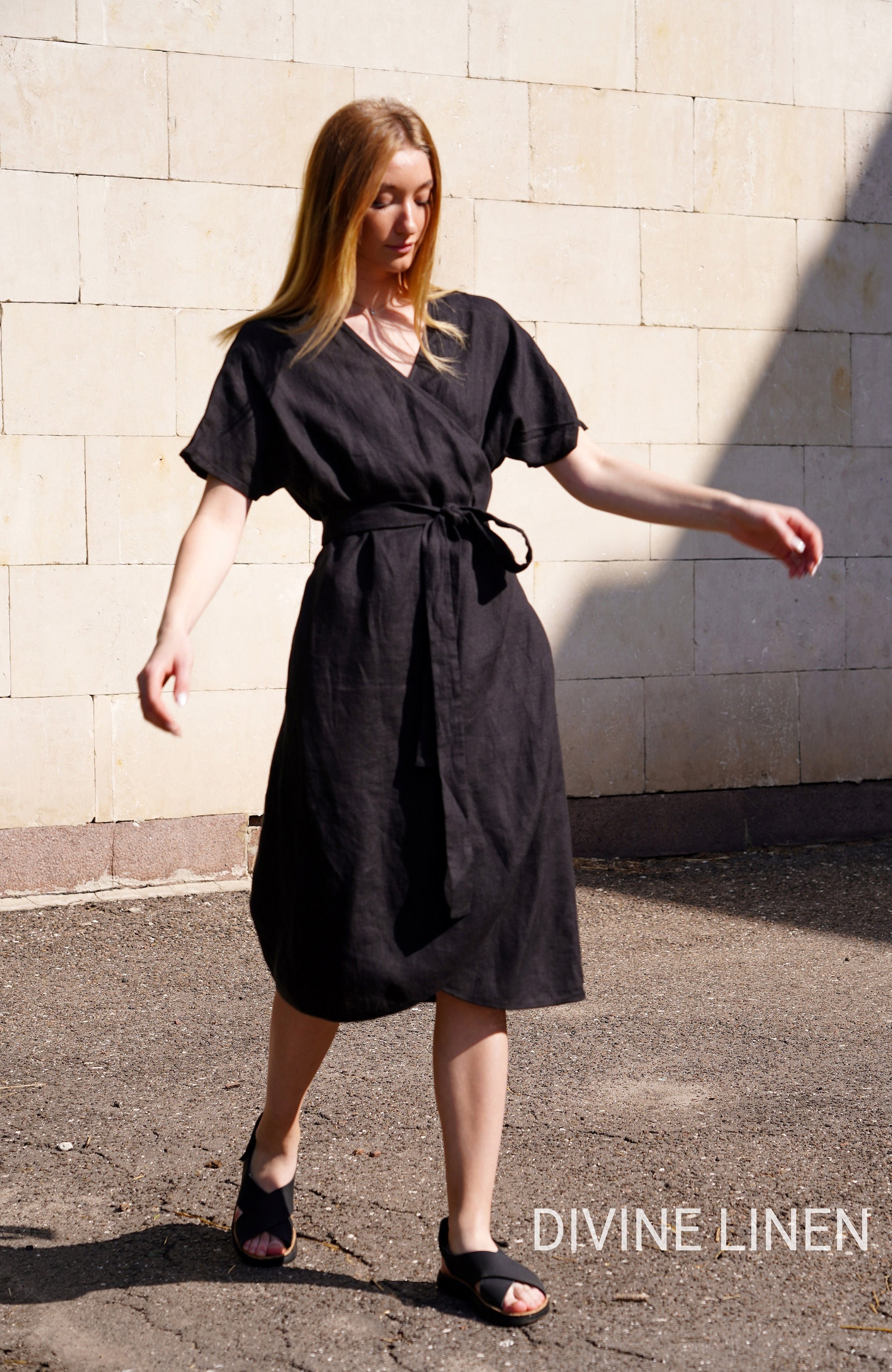 Black Linen Dress | Linen Wrap Dress | Modest Midi Style | Summer Boho Look | Flowy Oversized Fit | Maternity Robe | Plus Size Linen