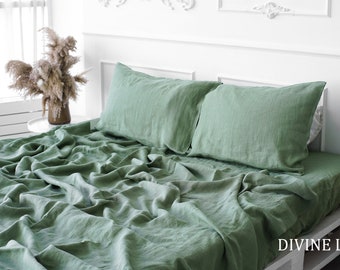 Drap plat en lin vert sauge | Draps en lin vert | Draps | Literie biologique en lin | Draps en lin, grand lit king-size, lits jumeaux personnalisés | Draps bohèmes