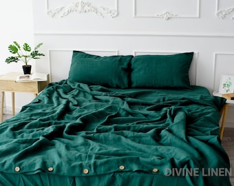 Emerald Green Linen Duvet Cover Set | 1 Duvet Cover + 2 Pillowcases | Linen Duvet Cover Double Queen King | Dark Green Linen Bedding Set