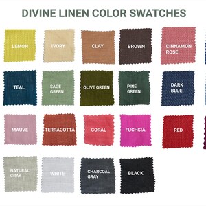Puede incluir: Una carta de colores de 24 muestras de tejido de lino, que muestra una variedad de colores, incluyendo mostaza, lim&oacute;n, marfil, arcilla, marr&oacute;n, rosa canela, ar&aacute;ndano, verde esmeralda, azul verdoso, verde salvia, verde oliva, verde pino, azul oscuro, zafiro, azul &iacute;ndigo, malva, terracota, coral, fucsia, rojo, burdeos, azul claro, gris natural, blanco, gris antracita y negro. La carta tambi&eacute;n incluye el logotipo de Oeko-Tex Standard 100.