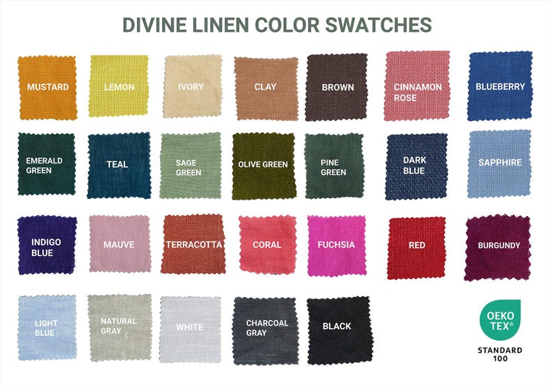 Puede incluir: Una carta de colores de 24 muestras de tejido de lino, que muestra una variedad de colores, incluyendo mostaza, lim&oacute;n, marfil, arcilla, marr&oacute;n, rosa canela, ar&aacute;ndano, verde esmeralda, azul verdoso, verde salvia, verde oliva, verde pino, azul oscuro, zafiro, azul &iacute;ndigo, malva, terracota, coral, fucsia, rojo, burdeos, azul claro, gris natural, blanco, gris antracita y negro. La carta tambi&eacute;n incluye el logotipo de Oeko-Tex Standard 100.