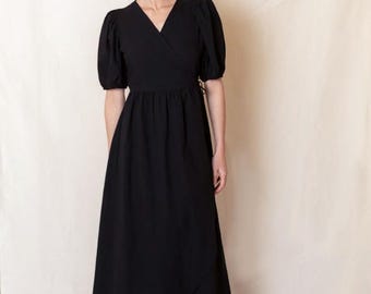 Puff Sleeve Linen Dress | Linen Wrap Dress | Modest Midi Style | Elegant Linen Midi Dress | Flowy Cottagecore Dress | Plus Size Linen