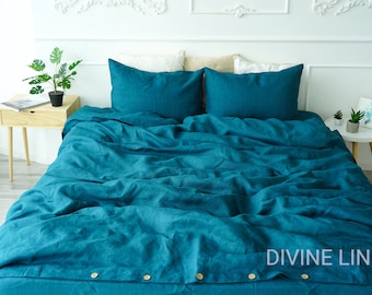 Ensemble housse de couette en lin bleu sarcelle | 1 housse de couette + 2 taies d'oreiller | Housse de couette en lin, très grand lit, très grand lit simple | Fermeture éclair | Parure de lit en lin turquoise