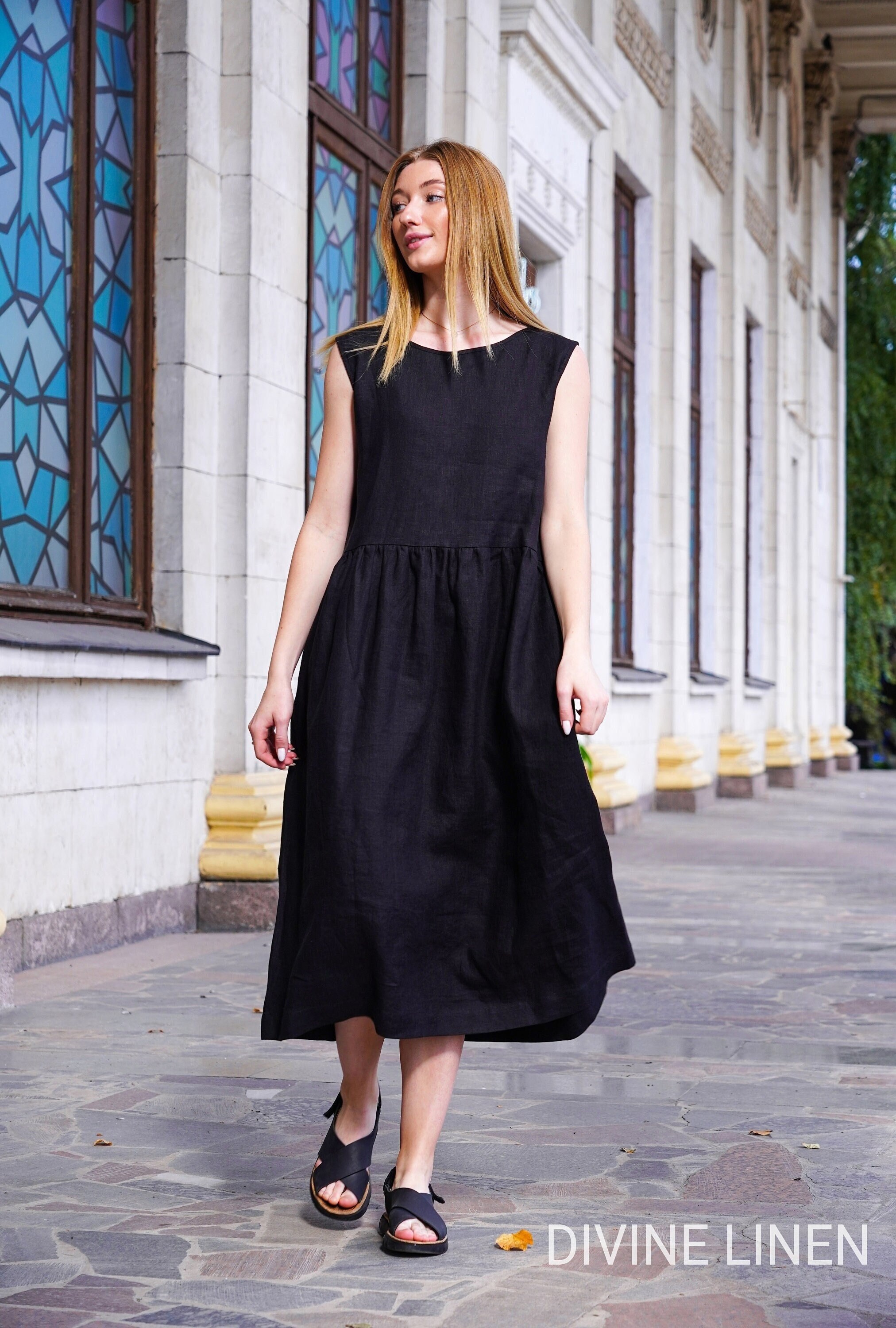 Black Linen Midi Dress | Loose Sleeveless Summer Dress | Modest Flowy Fit | Plus Size Linen | Oversized Linen Dress Black Linen Midi Dress | Loose Sleeveless Summer Dress | Modest Flowy Fit | Plus Size Linen | Oversized Linen Dress