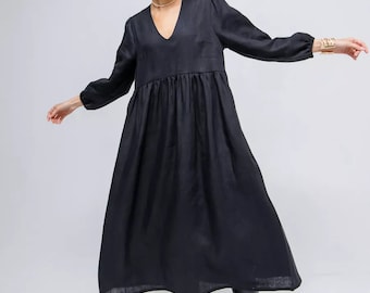 Black Linen Midi Dress | Boho Linen Dress | Handmade Loose Fit Dress | Plus Size Linen| Women’s Oversized Kaftan Dress |Wedding Guest Outfit