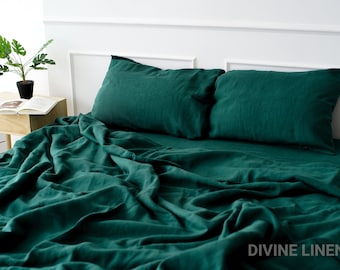 Emerald Green Linen Sheet Set | Linen Flat Sheet + Linen Fitted Sheet + 2 Pillowcases | Linen Sheets | Bed Sheet | Linen Bedding