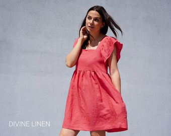 Babydoll Linen Dress | Boho Sundress | | Coral Linen Dress | Puff Sleeve Dress | Summer Linen Dress | Flowy Oversized Fit | Plus SIze Linen