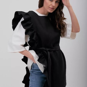 Linen Ruffled Apron Dress | Aprondress | Pleated Overall Dress | Pinafore Dress