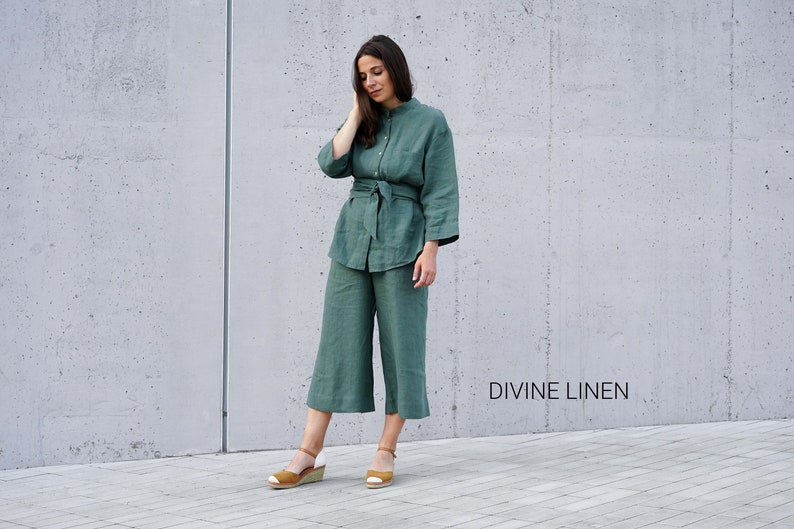 Linen Two Piece Set | Linen Shirt + Linen Culottes + Linen Belt | Pajama Set | Plus Size Linen | Bridal Pajamas | Boho Pajamas image 3