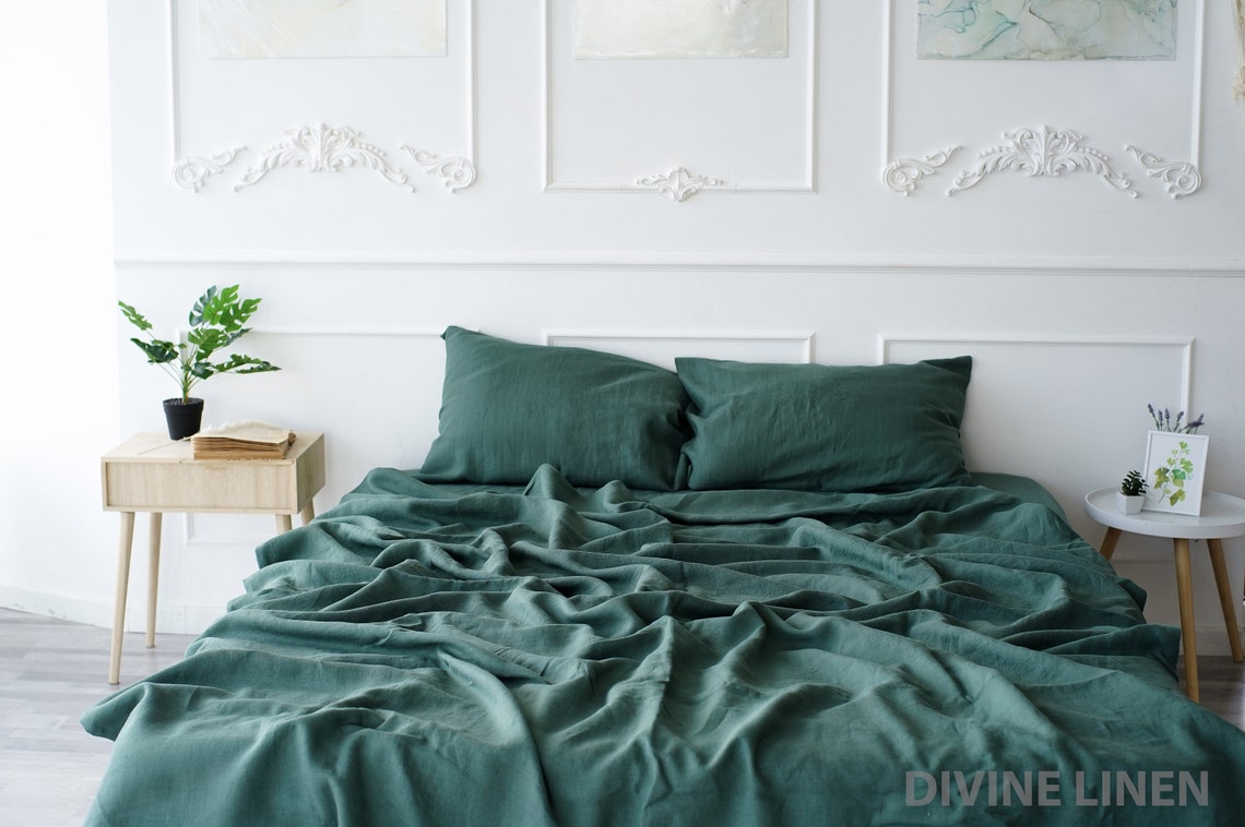 Pine Green Linen Sheet Set 1 Linen Flat Sheet 1 Linen Etsy