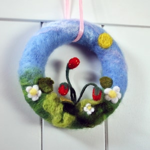 Summer wreath, waldorf insired wall hanging, srawberries and flower