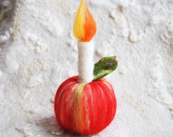 Needle felted apple with candle, READY TO SHIP, Waldorf inspired decor, spiral walk, christmas decoration
