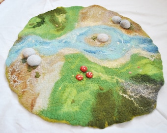 Large play mat with river and rocks, waldorf wool felted playmat for kids, open ended playground for toddlers