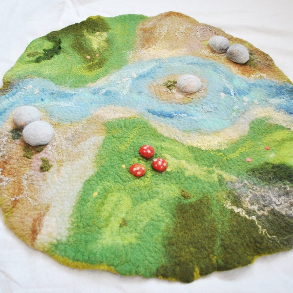 Large play mat with river and rocks, waldorf wool felted playmat for kids, open ended playground for toddlers
